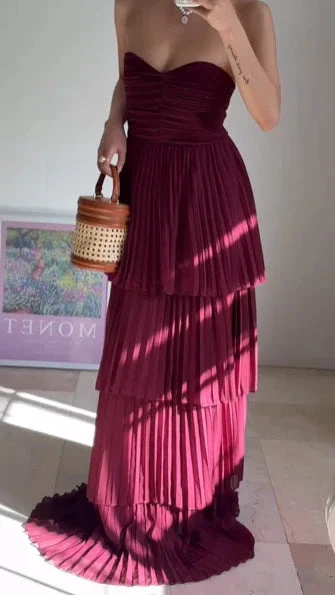 Burgundy Strapless Chiffon Pleated Tiered Long Evening Dress A Line Prom Dress Y8503 by simplepromdress