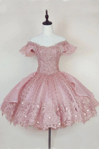 Princess Pink Lace Applique Short Homecoming Dress Y2502 by simplepromdress
