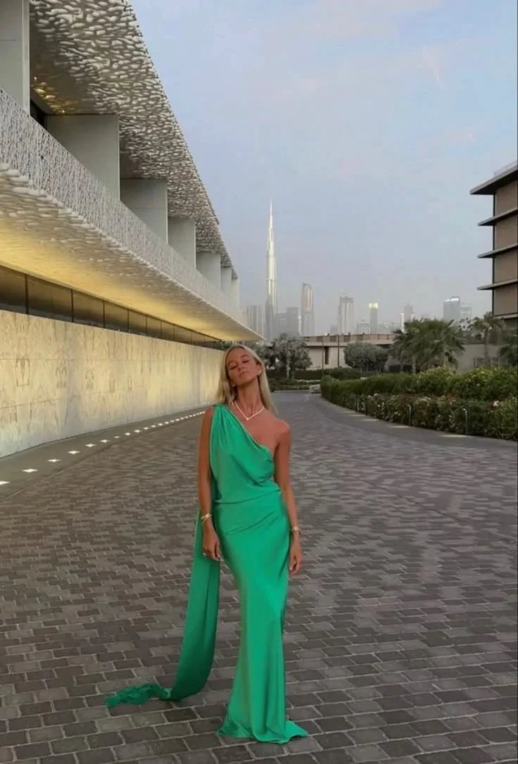 Unique Green One Shoulder Satin Long Evening Dress Formal Prom Dress Y8489 by simplepromdress