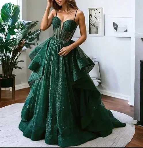 Sparkly Evening Dress Green Corset A-line Evening Gown Y6339 by simplepromdress