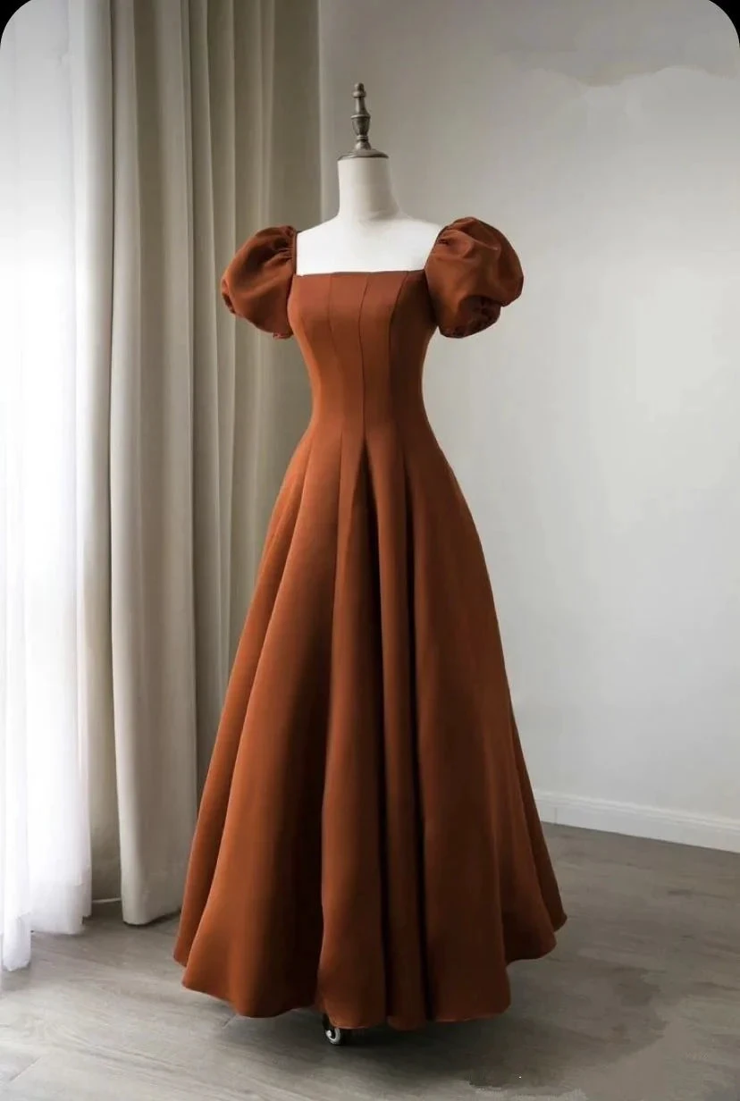 Coffee satin prom dress long Short puffy sleeve ball gown Square neck Fairy formal dress Y4962 by simplepromdress