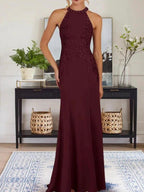 Dusty Blue Sheath Halter Long Mother of Bride Dress With Appliques by Dreamylily