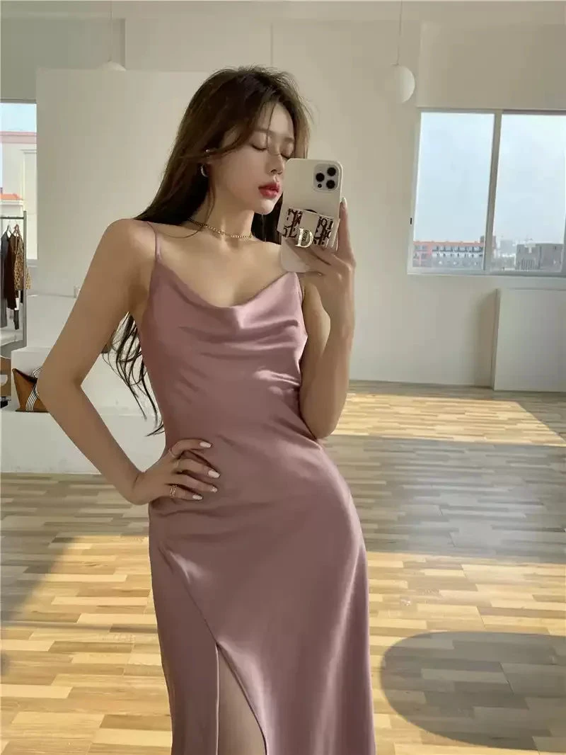Elegant Spaghetti Strap Silk Side Slit Midi Semi Formal Dress,Sexy Slim Evening Dress For Women Y1197 by simplepromdress