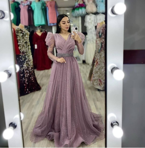 Sparkly A-line Tulle Evening Dress Modest Evening Gown Y4993