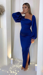 Woman in elegant royal blue one-shoulder evening dress with puff sleeves from ZAPDRESS