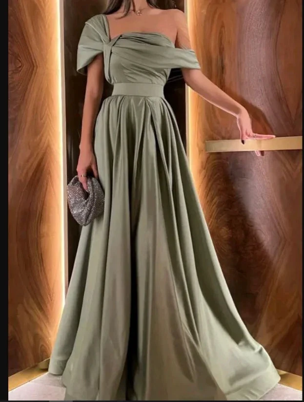Elegant sage green off-shoulder evening gown from ZAPDRESS, pleated skirt, clutch bag