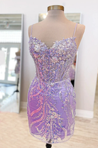 Straps Lavender Sequin Appliques Tight Mini Homecoming Dress Y4007 by simplepromdress