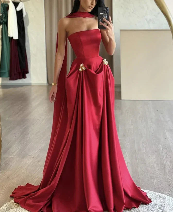 Charming A-Line Satin Burgundy Long Prom Dress Strapless Evening Dress Y8046 by simplepromdress