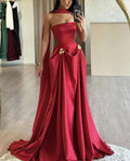 Charming A-Line Satin Burgundy Long Prom Dress Strapless Evening Dress Y8046 by simplepromdress
