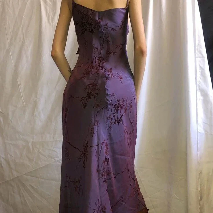 Vintage Print Ruffles Evening Dress Purple Straps Prom Dress Y7876 by simplepromdress
