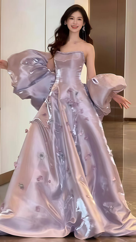 Pretty Lilac Satin Appliques Prom Dress Strapless A-Line Evening Gown Y7903