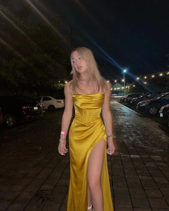 Sexy Mermaid Silk Satin Evening Dress Long Yellow Prom Dress Y7304 by simplepromdress