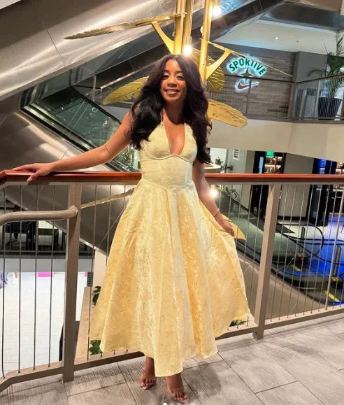 Sexy Halter Deep V Evening Dress Yellow Satin Print Prom Dress Y8249 by simplepromdress