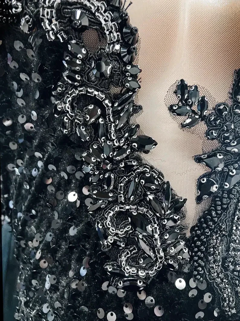 Black Sequins Rhinestone Applique Long Sleeve Mermaid Prom Dress Evening Dress Y8313 by simplepromdress