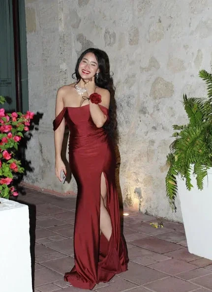Elegant Burgundy Off The Slit Mermaid Evening Dress Formal Prom Dress Y8414 by simplepromdress