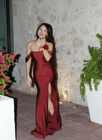 Elegant Burgundy Off The Slit Mermaid Evening Dress Formal Prom Dress Y8414 by simplepromdress