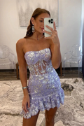 Strapless Lavender Sequin Tight Mini Dress with Ruffles Y2729 by simplepromdress