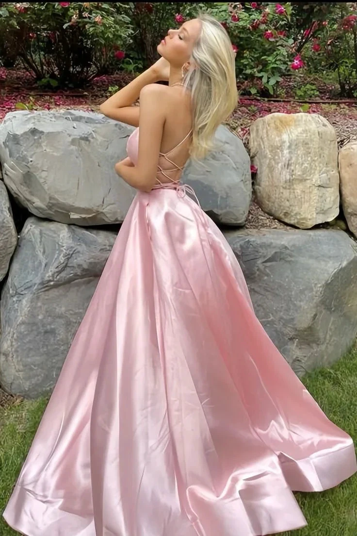 Simple Pink A-Line Satin Party Dress Side Slit Prom Dress Evening Dress Y8563 by simplepromdress