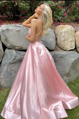 Simple Pink A-Line Satin Party Dress Side Slit Prom Dress Evening Dress Y8563