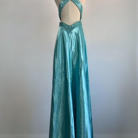 Blue V Neck Satin Sequin Formal Prom Dress Backless Evening Dress Y8548