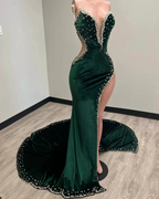 Green Velvet Sexy Strapless Prom Dresses Women Custom Split Long Evening Dress Y1422 by simplepromdress