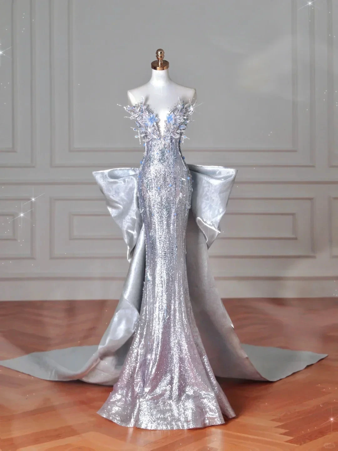 Luxury Silver Sequin 3D Beaded Mermaid Evening Dress Long Prom Dress With Bow Y8640 by simplepromdress
