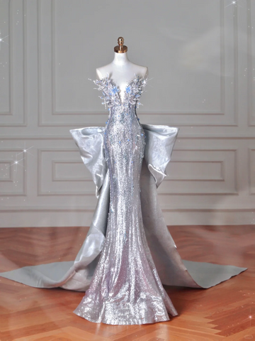 Luxury Silver Sequin 3D Beaded Mermaid Evening Dress Long Prom Dress With Bow Y8640