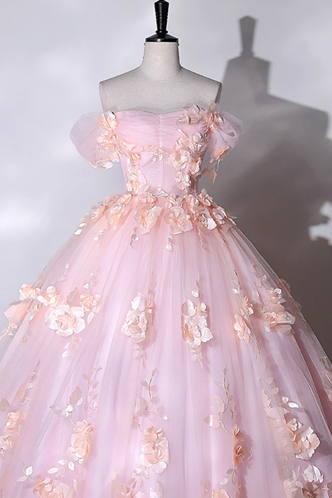 Pink Flowers Sweetheart Ball Gown Formal Dresses, Pink Long Sweet 16 Dresses Y6951 Main Image