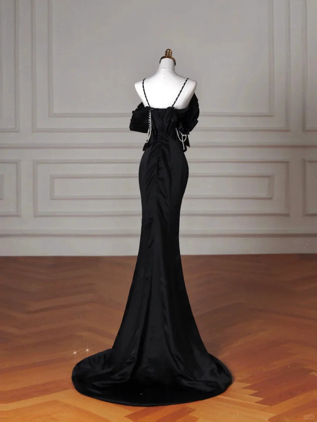 Elegant Black Spaghetti Straps Satin Off The Shoulder Mermaid Evening Dress Prom Dress Y8641 by simplepromdress