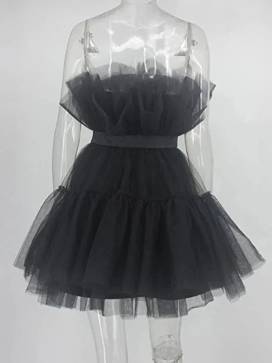 Women's Tulle Princess Mini Dress Ruffle Mesh Party Prom Wedding Tutu Fairy Dress Black Homecoming Dress Y512 by simplepromdress