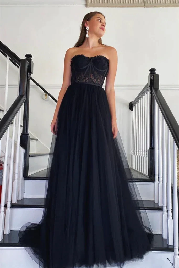 Strapless Black Lace Tulle Long Prom Dress, Black Lace Formal Dress, Black Evening Dress Y205 by simplepromdress