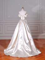 Classy Off The Shoulder Satin Pleated A Line Prom Evening Dress,White Wedding Dress Y8633 by simplepromdress