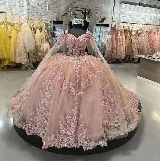 Sexy Quinceanera Dress Blush Pink Lace Appliques Crystal Beads Sweetheart With Flowers Blush Pink Ball Gown Y5886 by simplepromdress