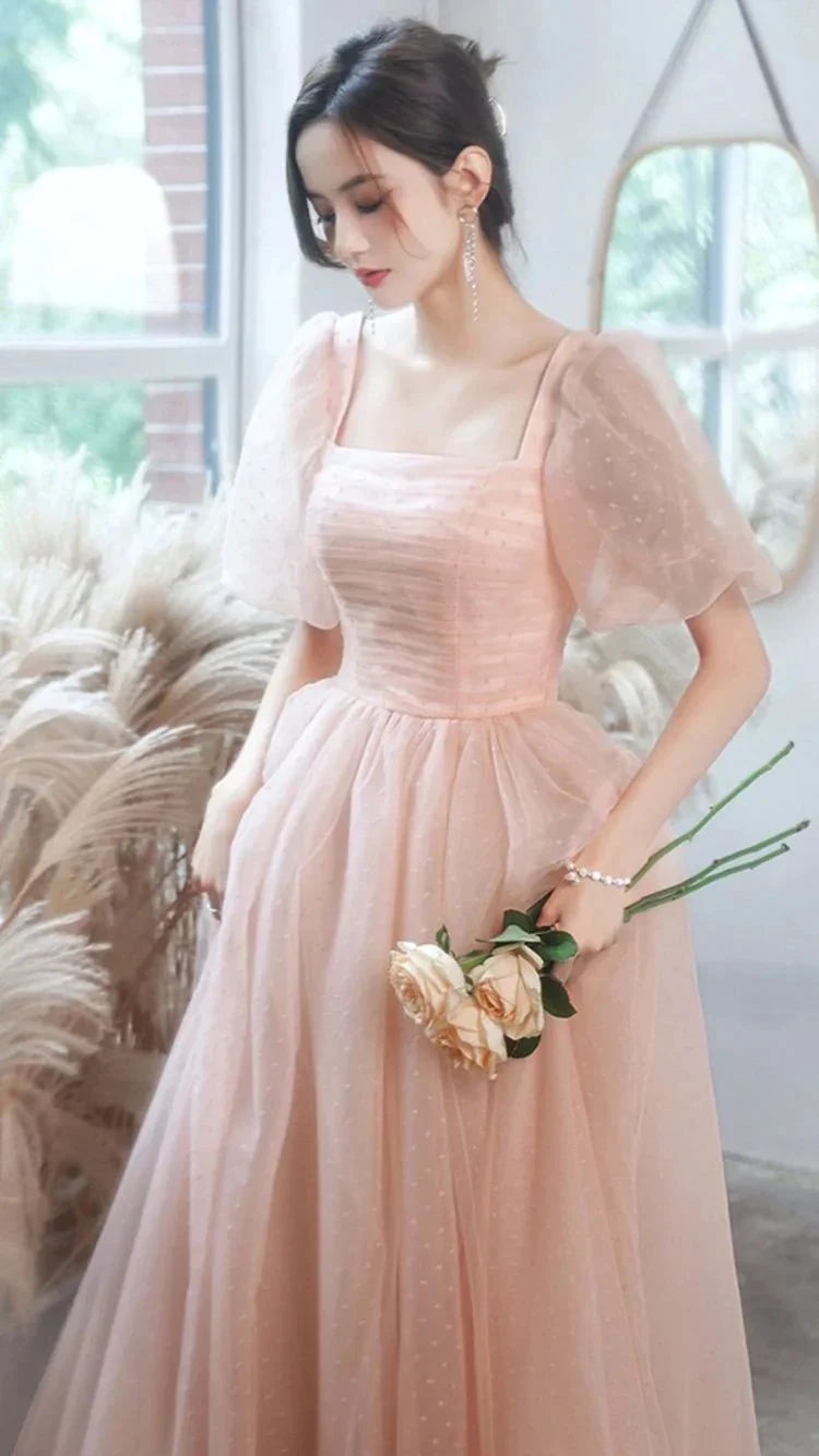 Pink tulle long A line prom dress pink evening gown Y1926 by simplepromdress
