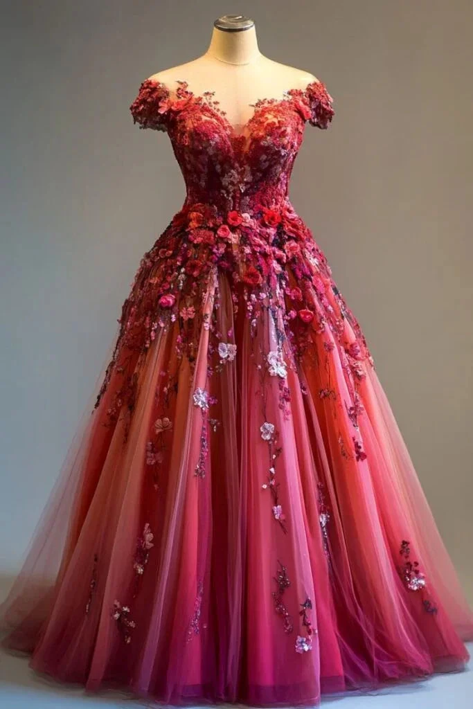Rose Pink Off The Shoulder Tulle Appliques Ball Gown ,Formal Prom Dress Evening Dress Y8383 by simplepromdress