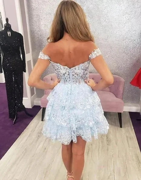 Navy Blue A-Line Sweetheart Lace Tiered Short Homecoming Dress Y8107 by simplepromdress