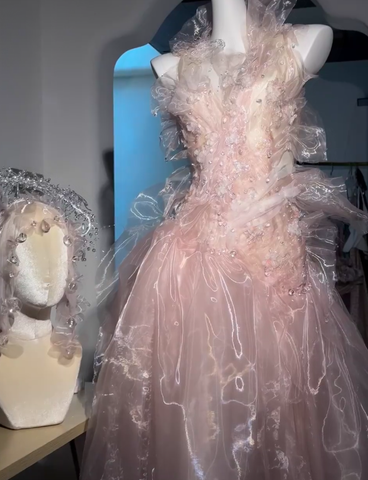 Fairy Pink Tulle Beaded Prom Dress Long Backless Evening Dress Y8564