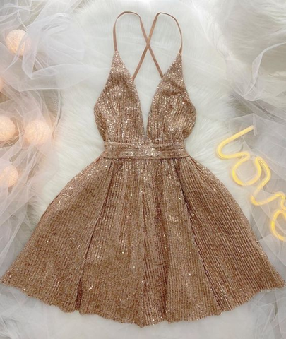 Sexy Deep V Neck Sequins Homecoming Dress Birthday Party Dress Y2999