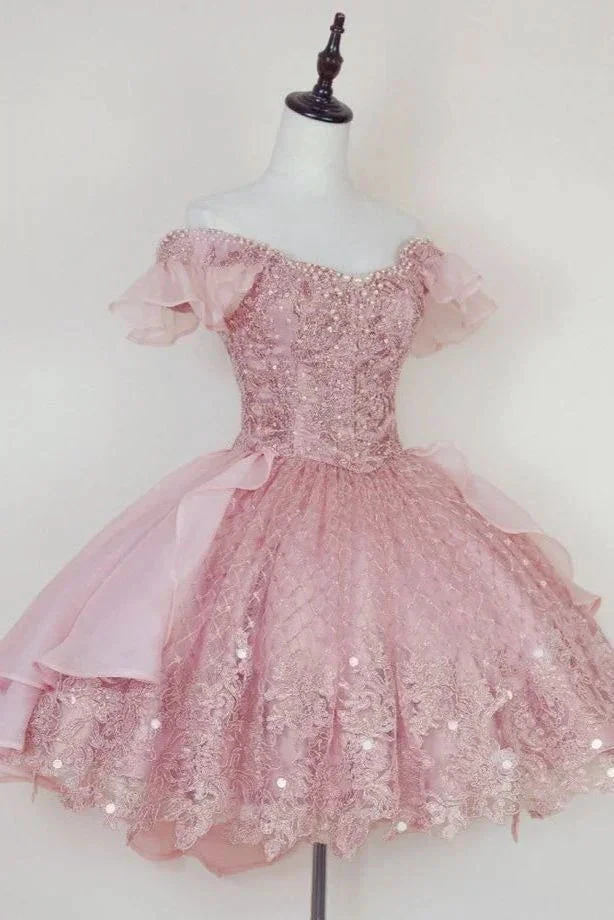 Princess Pink Lace Applique Short Homecoming Dress Y2502 by simplepromdress