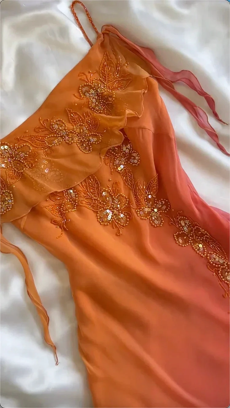 Classy Spaghetti Straps Ombre Orange Chiffon Beaded Prom Dress Evening Gown Y8304 by simplepromdress