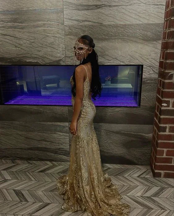 Princess Embroidered Corset Style Gold Mermaid Evening Dress Y5887 by simplepromdress