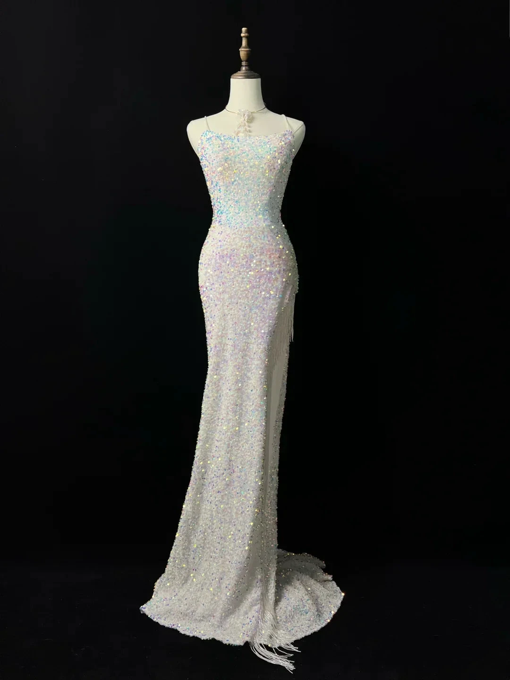 Sparkly White Spaghetti Straps Sequins Prom Dress Mermaid Slit Tassel Evening Dress Y8648 by simplepromdress