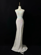 Sparkly White Spaghetti Straps Sequins Prom Dress Mermaid Slit Tassel Evening Dress Y8648 by simplepromdress