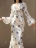 Elegant Ice Blue Rose Chiffon Print Floral Prom Dress Long Mermaid Evening Dress Y8407 by simplepromdress