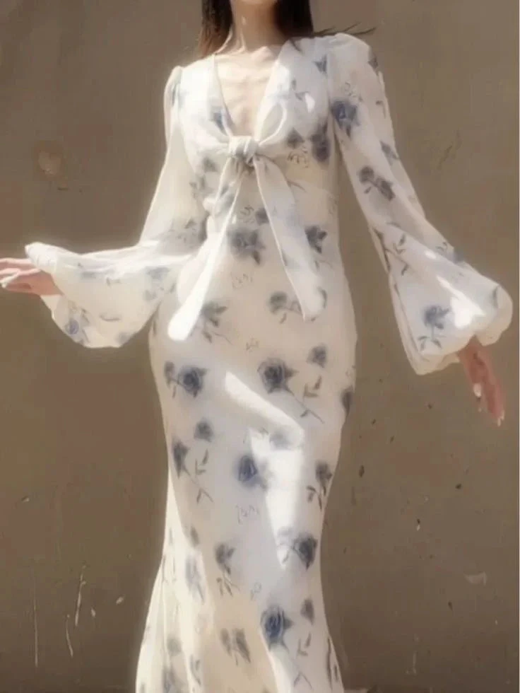 Elegant Ice Blue Rose Chiffon Print Floral Prom Dress Long Mermaid Evening Dress Y8407 by simplepromdress