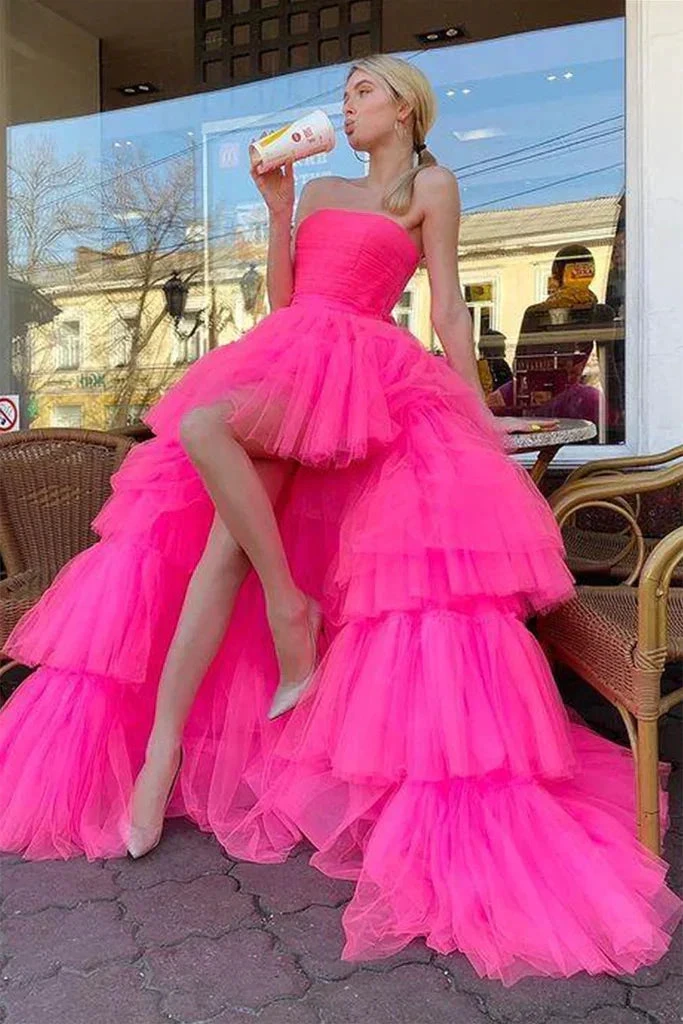 Strapless High Low Layered Hot Pink Tulle Long Prom Dress, High Low Hot Pink Formal Dress, Hot Pink Evening Dress Y214 by simplepromdress