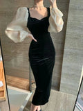 Winter V-Neck Elegant Black Stitching Velvet Dress Female Retro High Waist Puff Sleeves Evening Dress Y5673 by simplepromdress