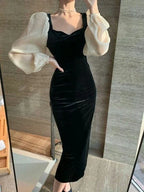 Winter V-Neck Elegant Black Stitching Velvet Dress Female Retro High Waist Puff Sleeves Evening Dress Y5673 by simplepromdress