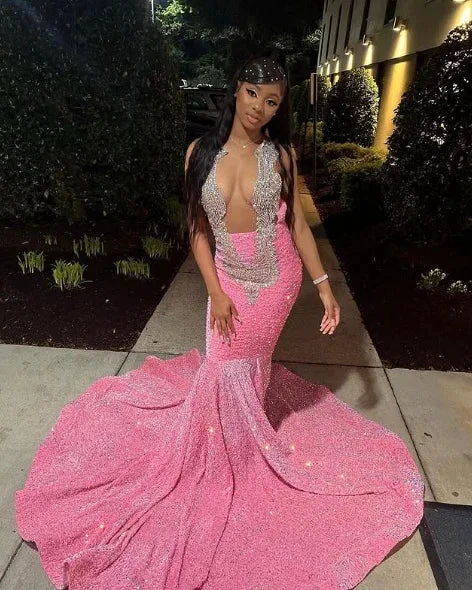 Gorgeous Pink Beaded Sequins Evening Dress Mermaid Prom Dress Y8016 by simplepromdress
