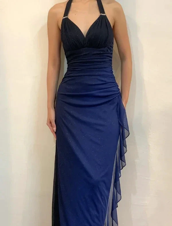 Sexy Halter Ombre Navy Blue V Neck Chiffon Long Prom Dress Party Evening Gown Y7486 by simplepromdress